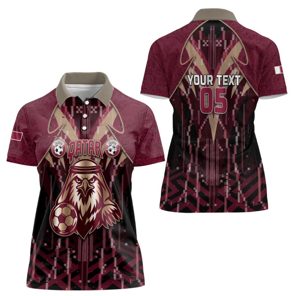 Custom Qatar Football Women Polo Shirt Glitch Style Falcon With Arabic Patterns