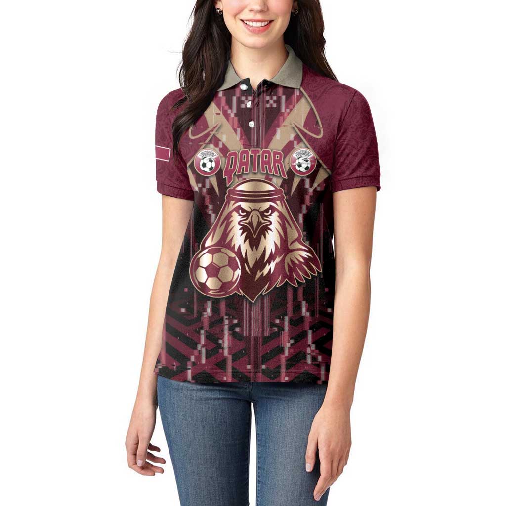 Custom Qatar Football Women Polo Shirt Glitch Style Falcon With Arabic Patterns