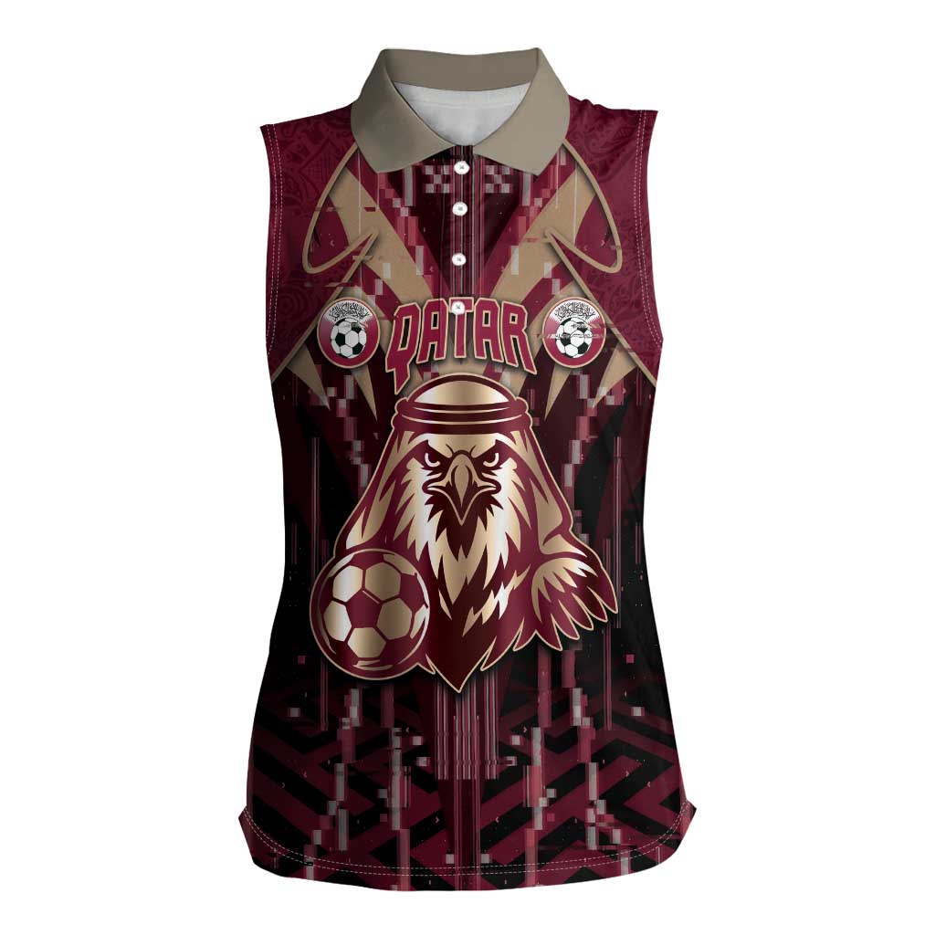 Custom Qatar Football Women Sleeveless Polo Shirt Glitch Style Falcon With Arabic Patterns
