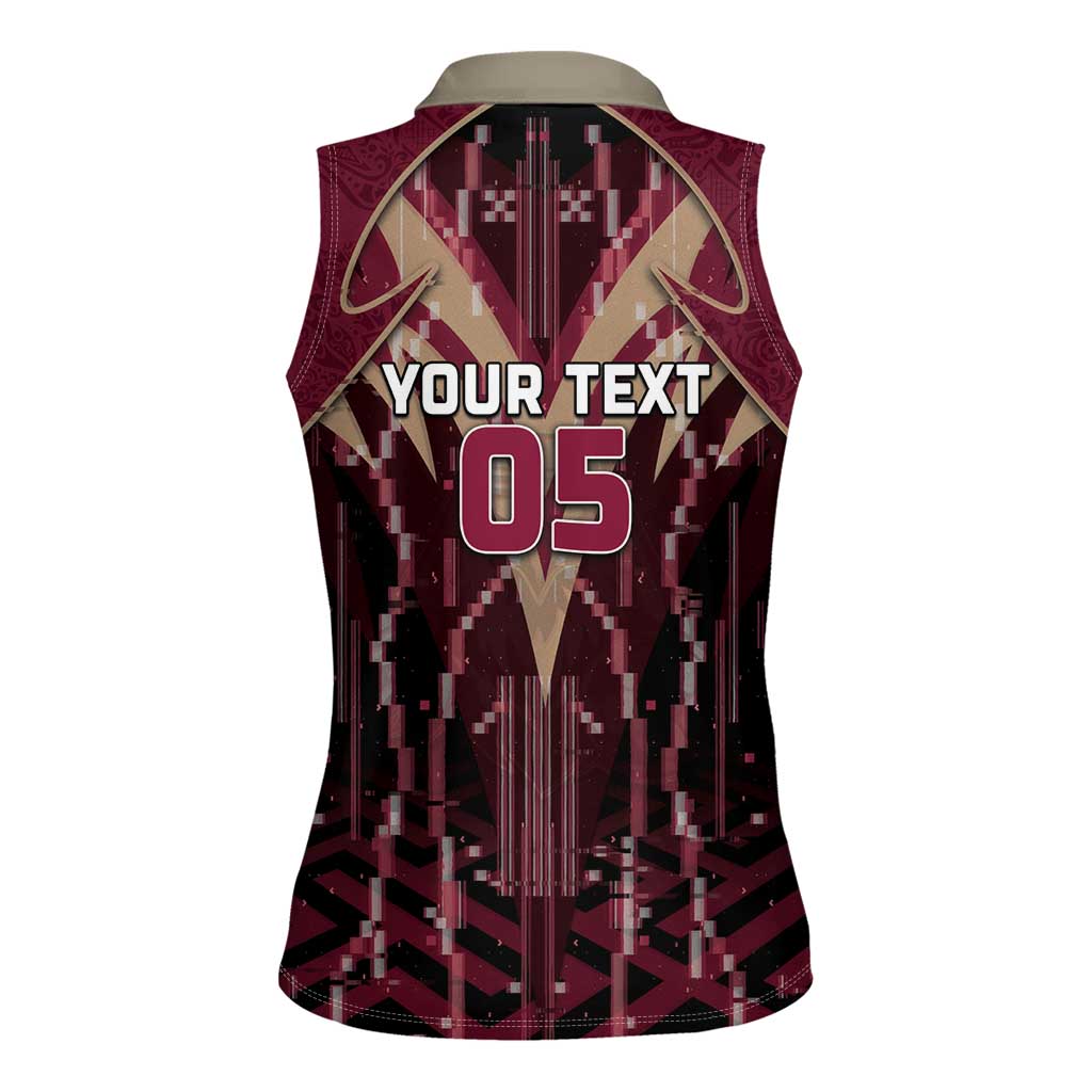 Custom Qatar Football Women Sleeveless Polo Shirt Glitch Style Falcon With Arabic Patterns