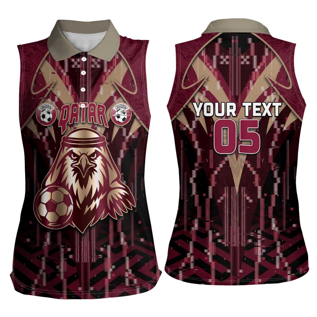 Custom Qatar Football Women Sleeveless Polo Shirt Glitch Style Falcon With Arabic Patterns