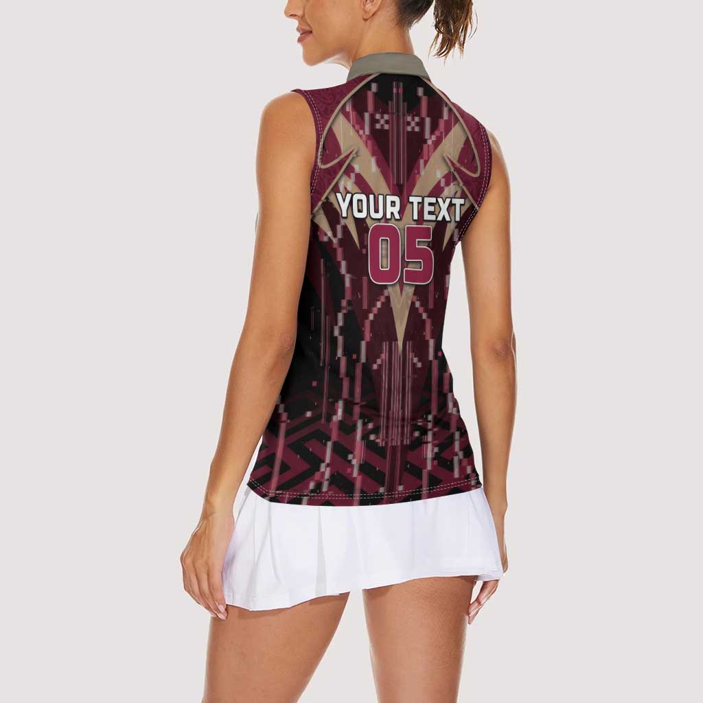 Custom Qatar Football Women Sleeveless Polo Shirt Glitch Style Falcon With Arabic Patterns