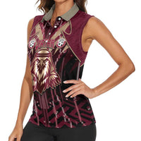Custom Qatar Football Women Sleeveless Polo Shirt Glitch Style Falcon With Arabic Patterns