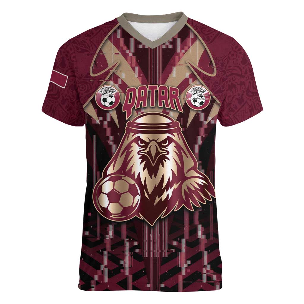Custom Qatar Football Women V-Neck T-Shirt Glitch Style Falcon With Arabic Patterns