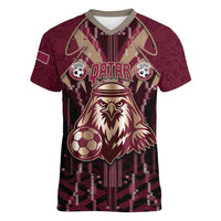 Custom Qatar Football Women V-Neck T-Shirt Glitch Style Falcon With Arabic Patterns