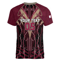 Custom Qatar Football Women V-Neck T-Shirt Glitch Style Falcon With Arabic Patterns