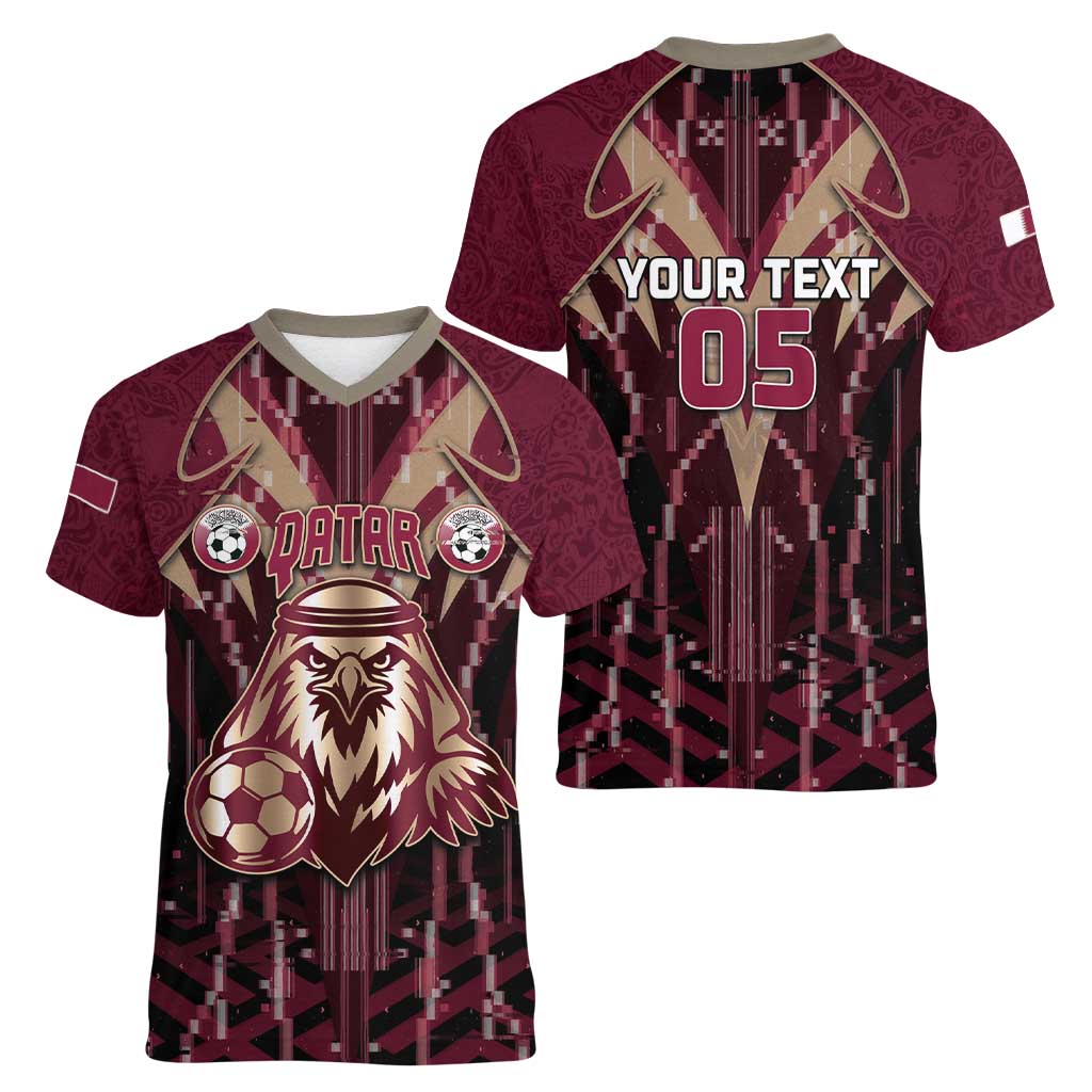 Custom Qatar Football Women V-Neck T-Shirt Glitch Style Falcon With Arabic Patterns