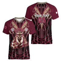 Custom Qatar Football Women V-Neck T-Shirt Glitch Style Falcon With Arabic Patterns