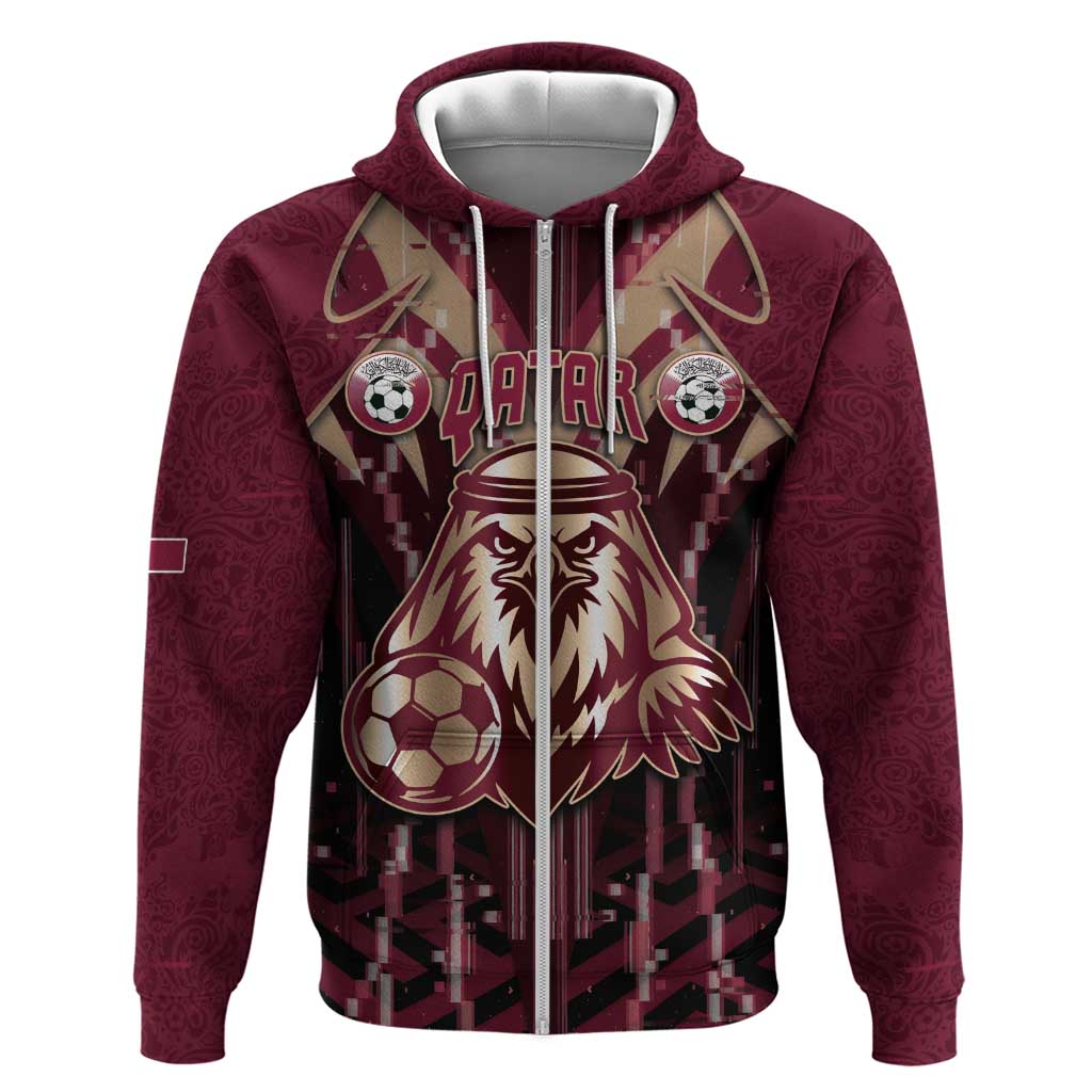 Custom Qatar Football Zip Hoodie Glitch Style Falcon With Arabic Patterns