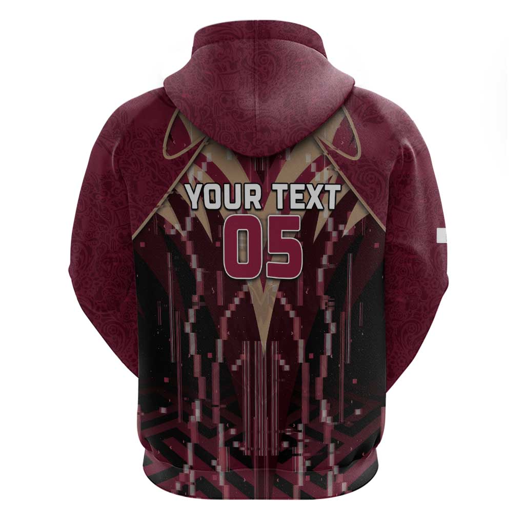 Custom Qatar Football Zip Hoodie Glitch Style Falcon With Arabic Patterns