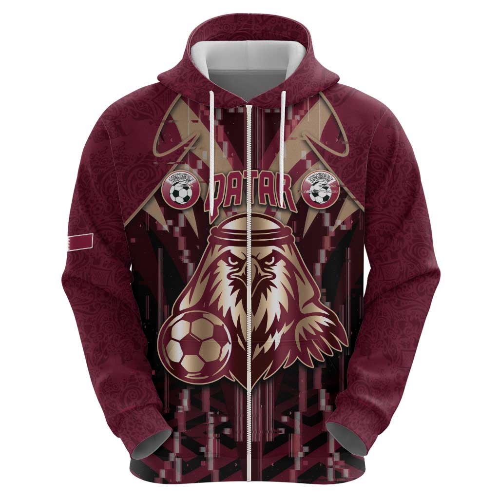Custom Qatar Football Zip Hoodie Glitch Style Falcon With Arabic Patterns