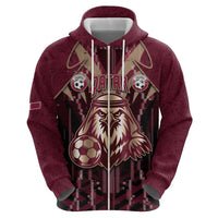 Custom Qatar Football Zip Hoodie Glitch Style Falcon With Arabic Patterns