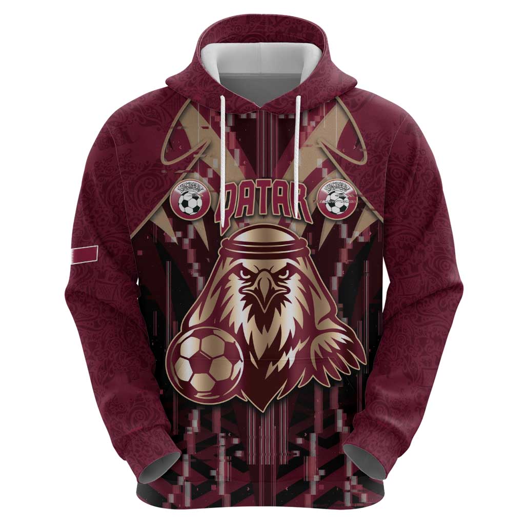 Custom Qatar Football Zip Hoodie Glitch Style Falcon With Arabic Patterns