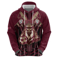 Custom Qatar Football Zip Hoodie Glitch Style Falcon With Arabic Patterns