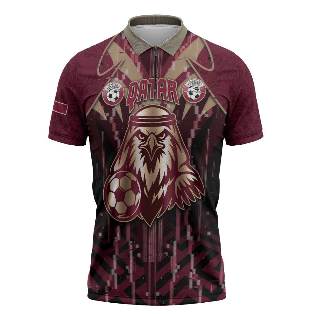 Custom Qatar Football Zipper Polo Shirt Glitch Style Falcon With Arabic Patterns