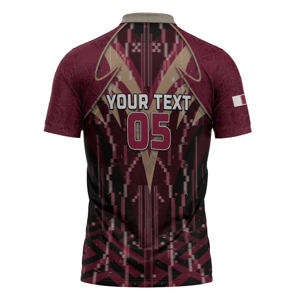 Custom Qatar Football Zipper Polo Shirt Glitch Style Falcon With Arabic Patterns