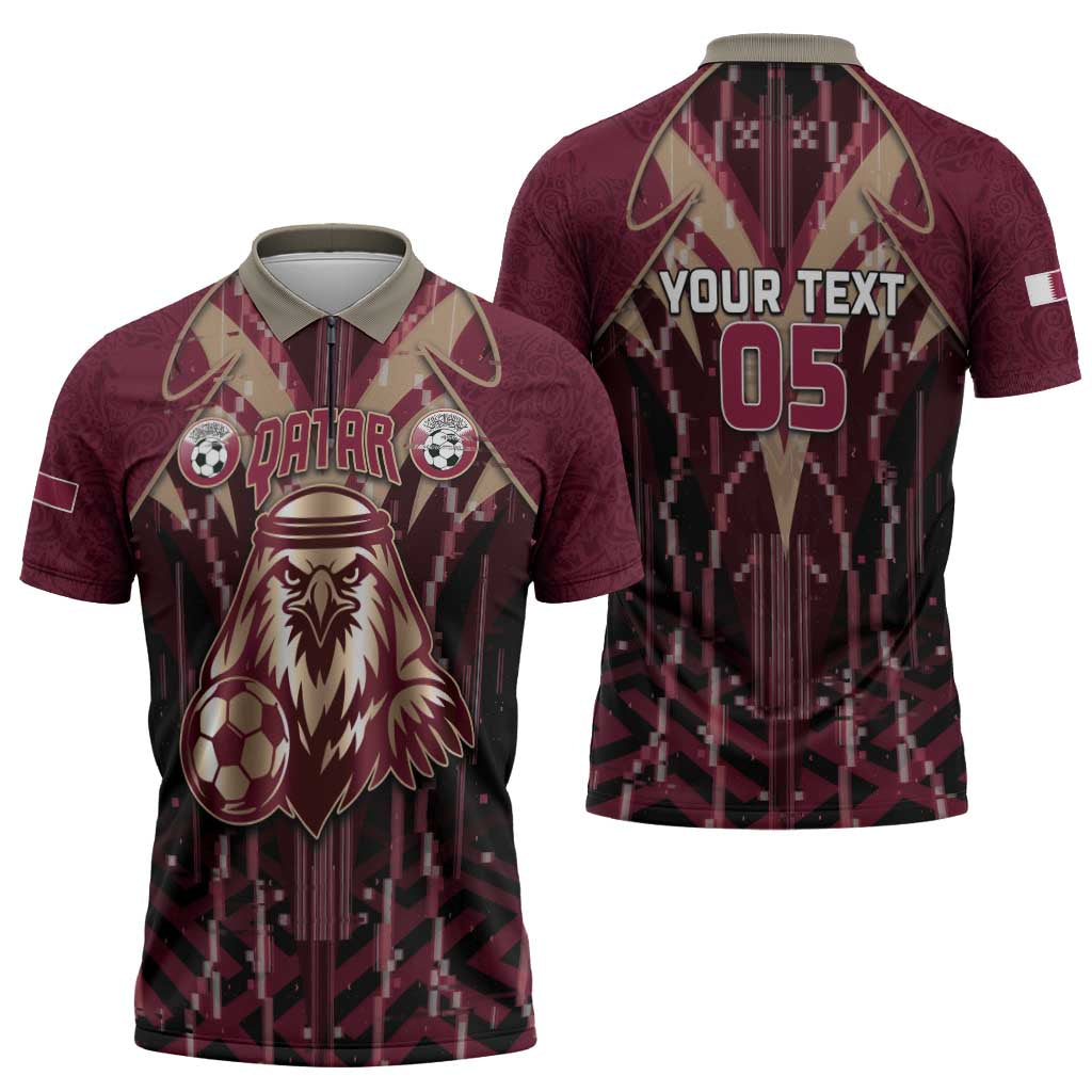 Custom Qatar Football Zipper Polo Shirt Glitch Style Falcon With Arabic Patterns