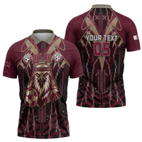 Custom Qatar Football Zipper Polo Shirt Glitch Style Falcon With Arabic Patterns