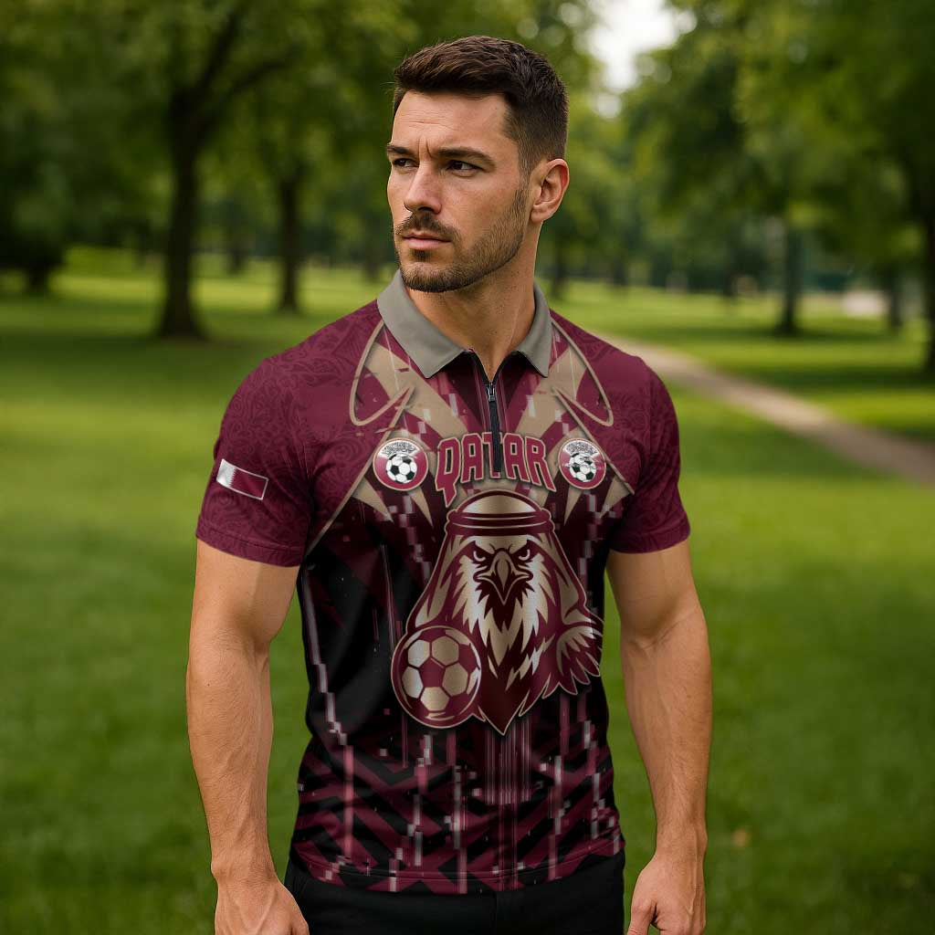Custom Qatar Football Zipper Polo Shirt Glitch Style Falcon With Arabic Patterns