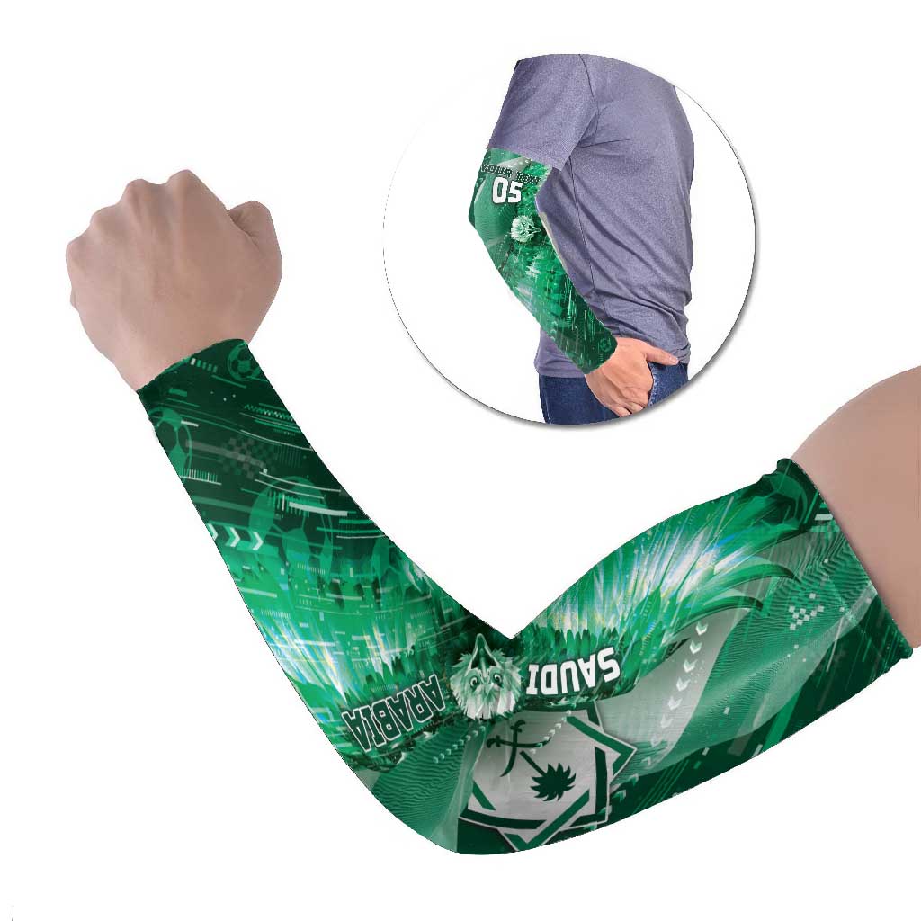 Custom Saudi Arabia Football Arm Sleeves Eagle With Desert Glitch Cyberpunk Art