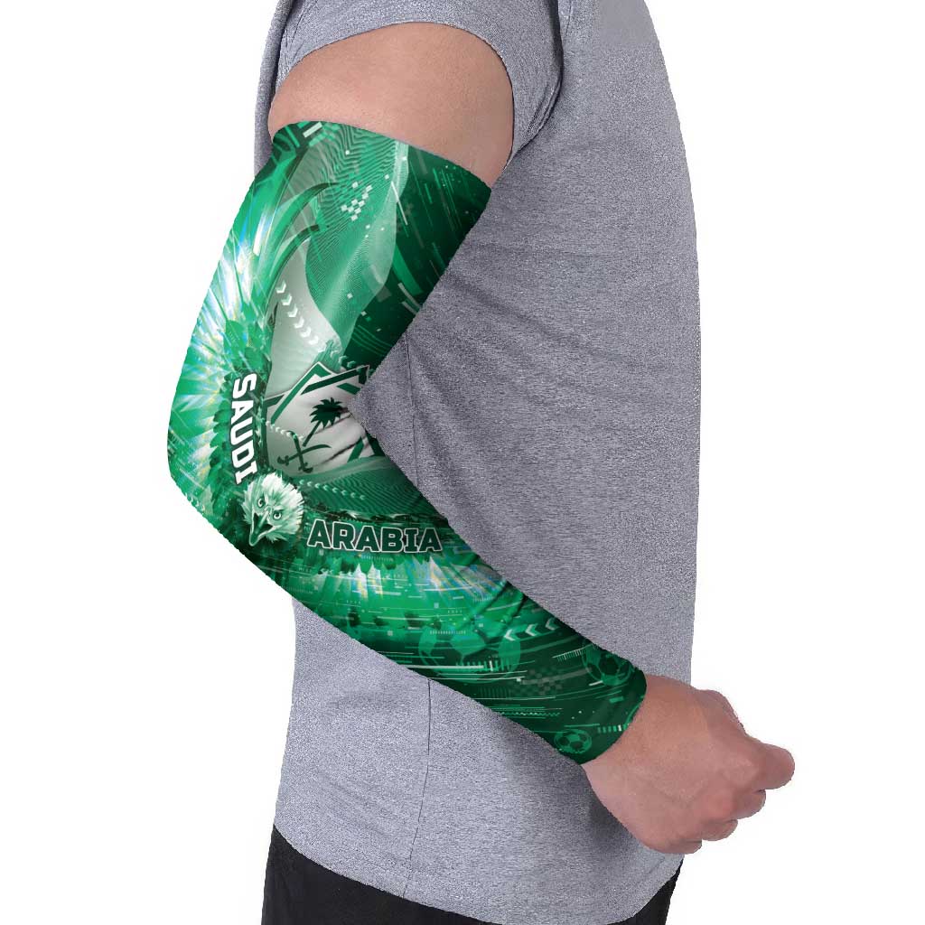 Custom Saudi Arabia Football Arm Sleeves Eagle With Desert Glitch Cyberpunk Art