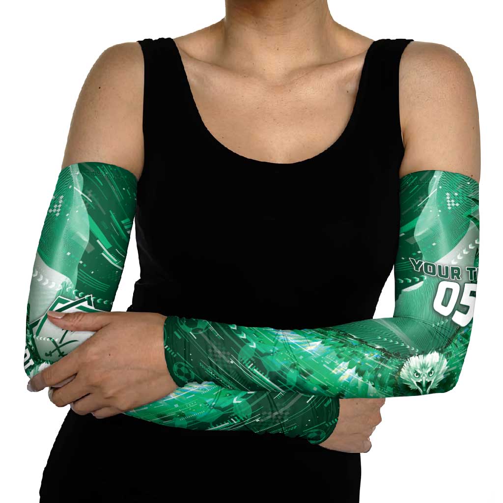 Custom Saudi Arabia Football Arm Sleeves Eagle With Desert Glitch Cyberpunk Art