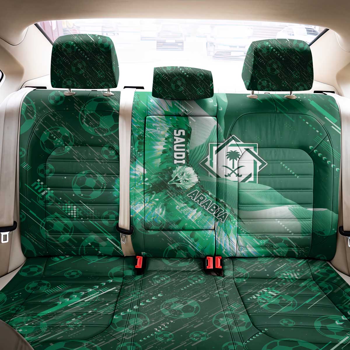 Saudi Arabia Football Back Car Seat Cover Eagle With Desert Glitch Cyberpunk Art