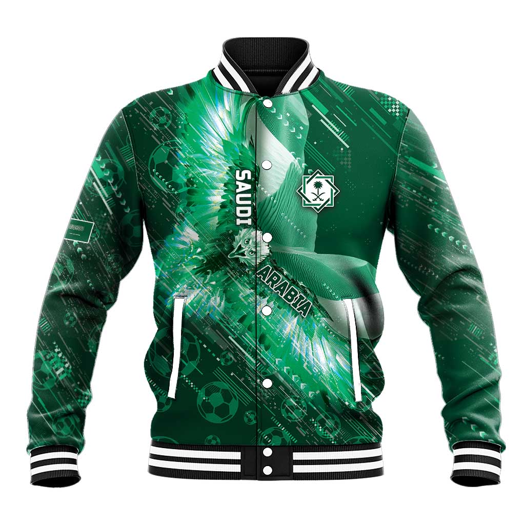 Custom Saudi Arabia Football Baseball Jacket Eagle With Desert Glitch Cyberpunk Art