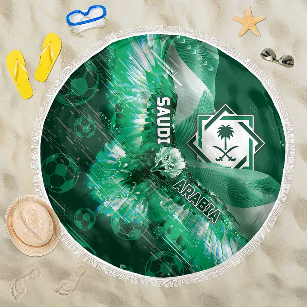 Saudi Arabia Football Beach Blanket Eagle With Desert Glitch Cyberpunk Art