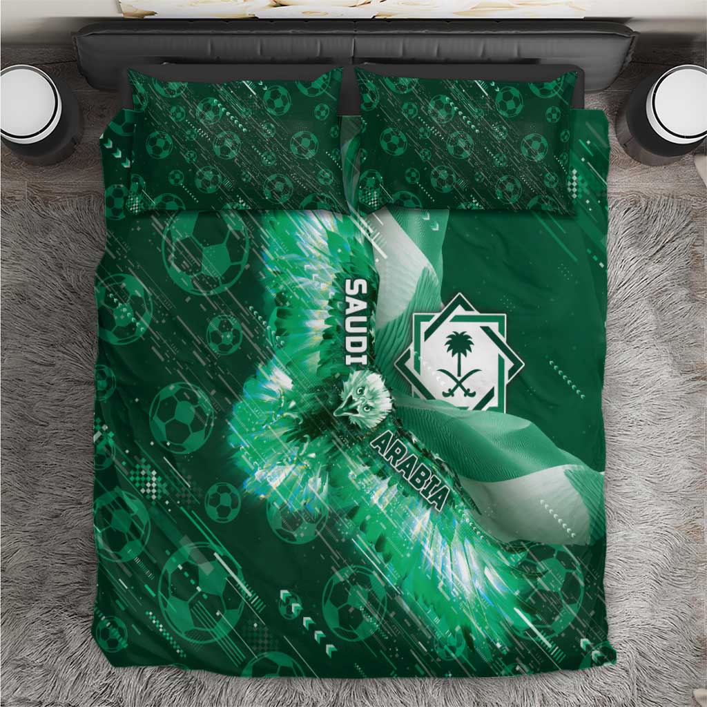 Saudi Arabia Football Bedding Set Eagle With Desert Glitch Cyberpunk Art