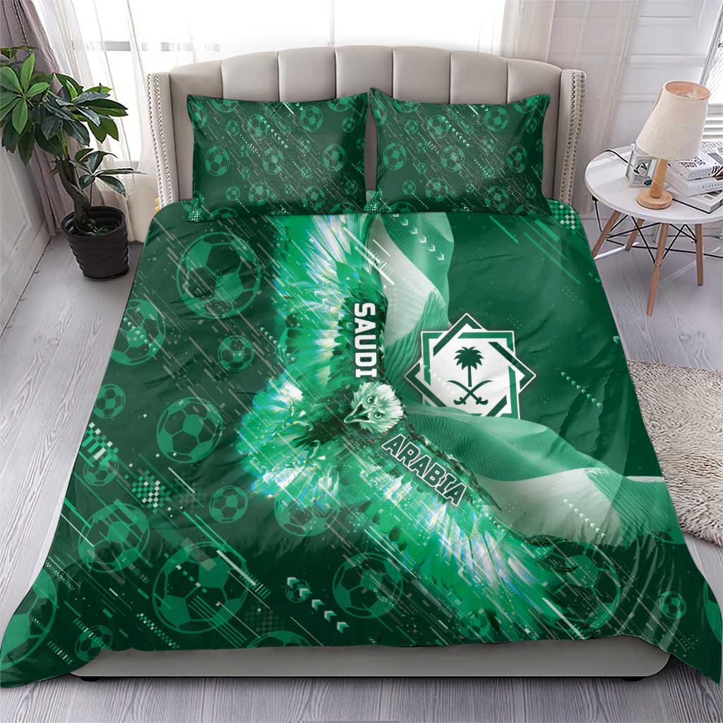 Saudi Arabia Football Bedding Set Eagle With Desert Glitch Cyberpunk Art