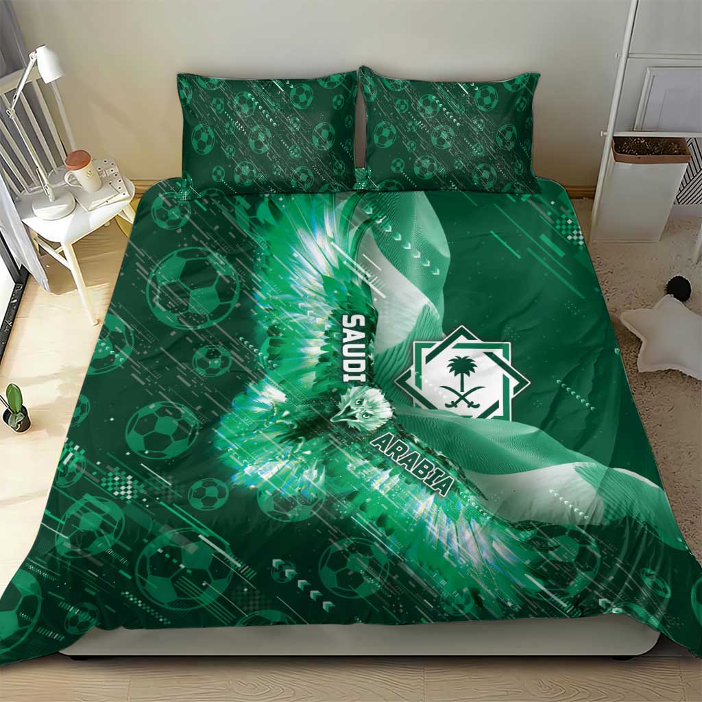 Saudi Arabia Football Bedding Set Eagle With Desert Glitch Cyberpunk Art
