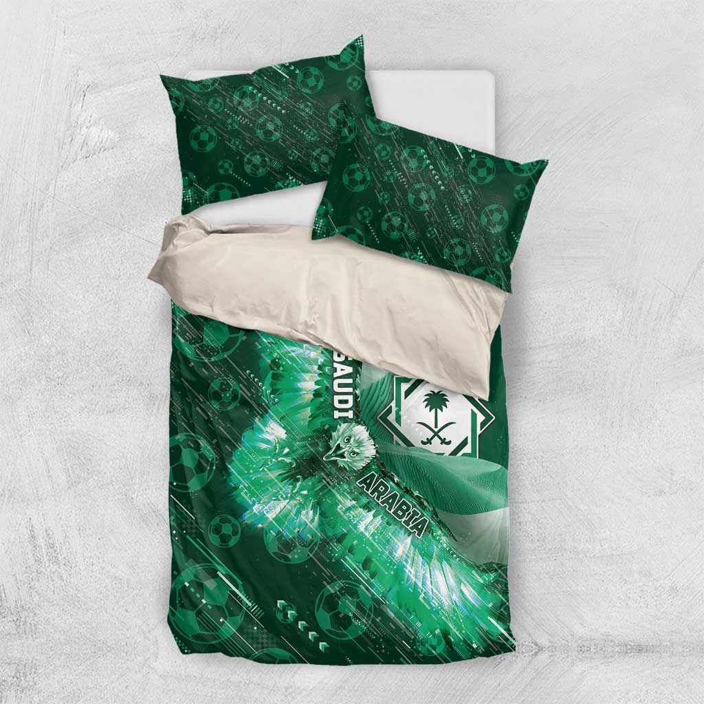 Saudi Arabia Football Bedding Set Eagle With Desert Glitch Cyberpunk Art