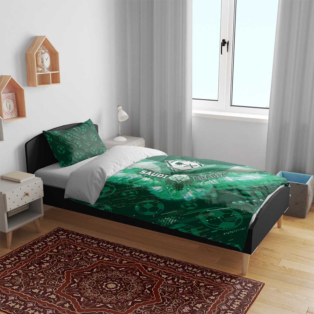Saudi Arabia Football Bedding Set Eagle With Desert Glitch Cyberpunk Art