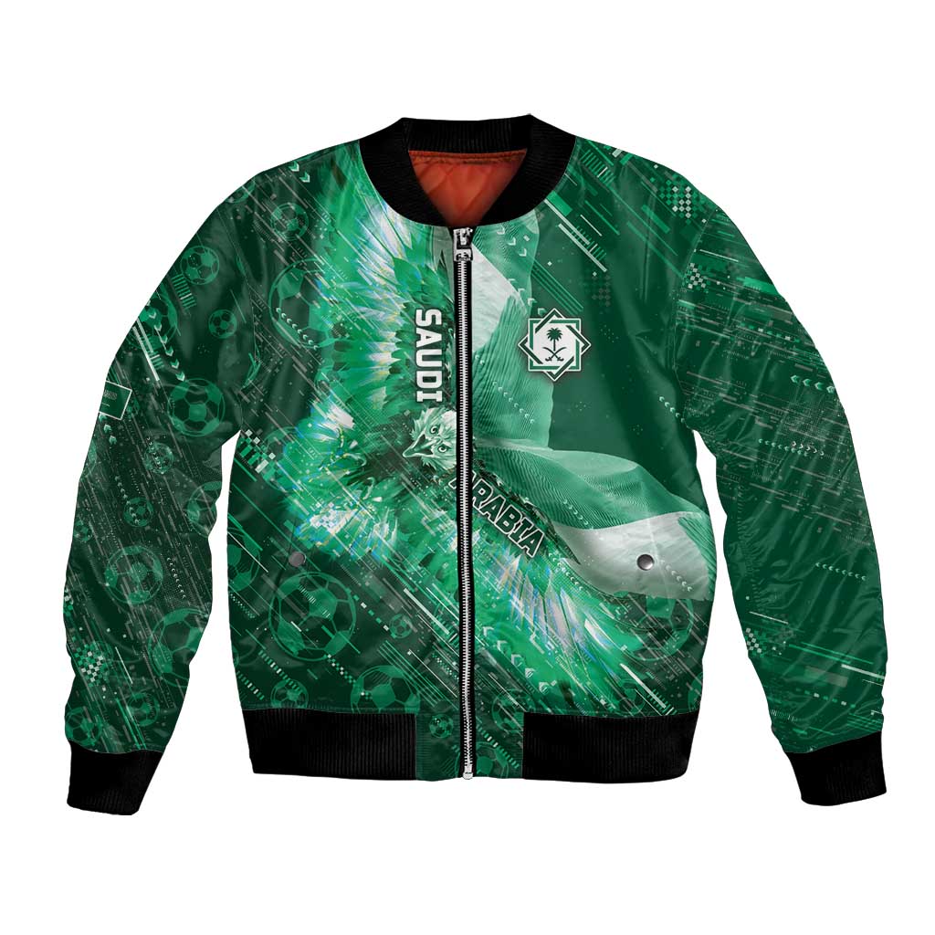 Custom Saudi Arabia Football Bomber Jacket Eagle With Desert Glitch Cyberpunk Art