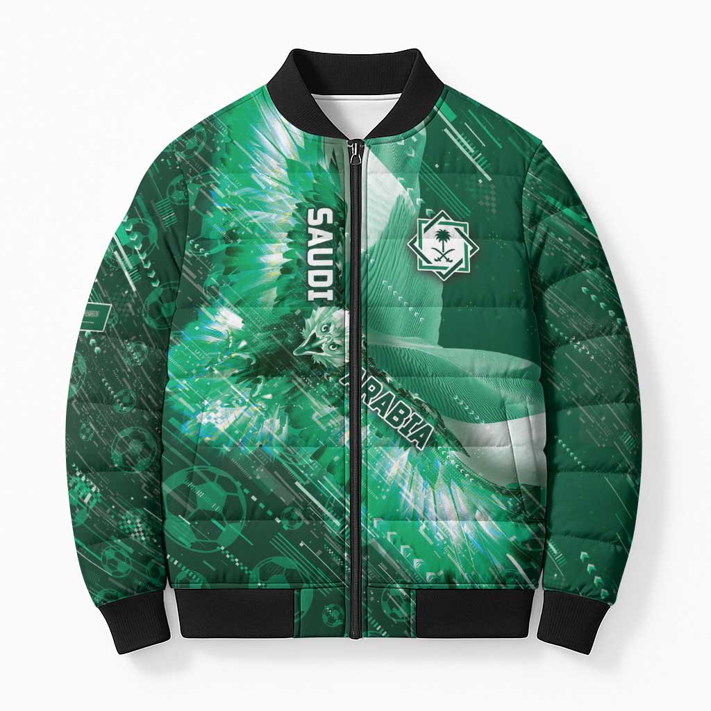 Custom Saudi Arabia Football Bomber Puffer Jacket Eagle With Desert Glitch Cyberpunk Art