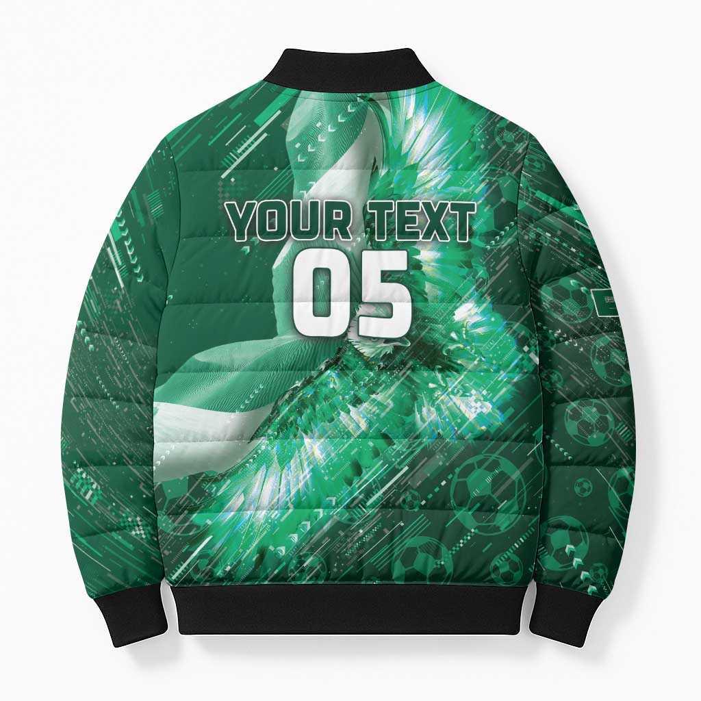 Custom Saudi Arabia Football Bomber Puffer Jacket Eagle With Desert Glitch Cyberpunk Art