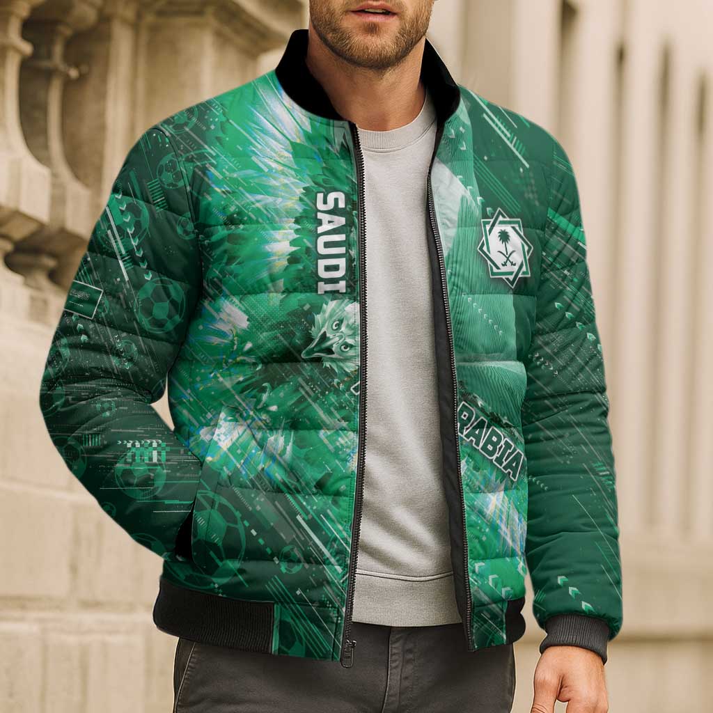Custom Saudi Arabia Football Bomber Puffer Jacket Eagle With Desert Glitch Cyberpunk Art