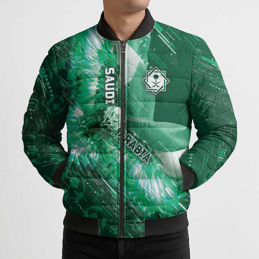 Custom Saudi Arabia Football Bomber Puffer Jacket Eagle With Desert Glitch Cyberpunk Art