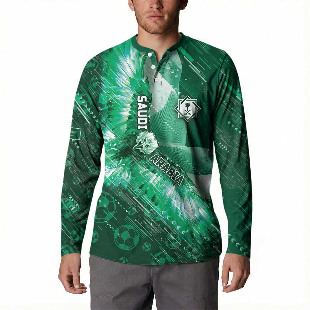 Custom Saudi Arabia Football Button Sweatshirt Eagle With Desert Glitch Cyberpunk Art