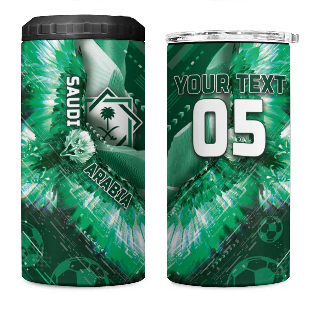 Custom Saudi Arabia Football 4 in 1 Can Cooler Tumbler Eagle With Desert Glitch Cyberpunk Art
