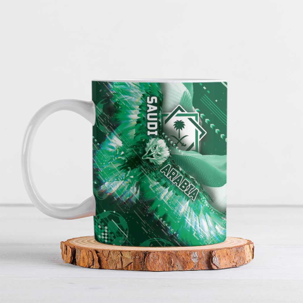 Custom Saudi Arabia Football Ceramic Mug Eagle With Desert Glitch Cyberpunk Art
