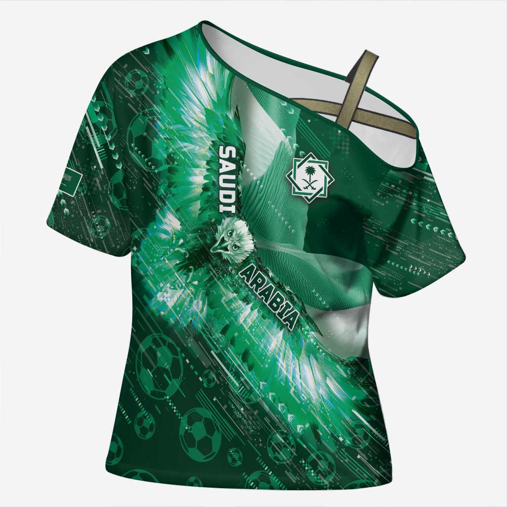 Custom Saudi Arabia Football Cross Shoulder Shirt Eagle With Desert Glitch Cyberpunk Art