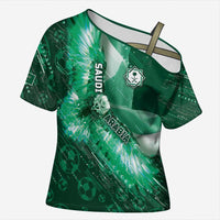 Custom Saudi Arabia Football Cross Shoulder Shirt Eagle With Desert Glitch Cyberpunk Art
