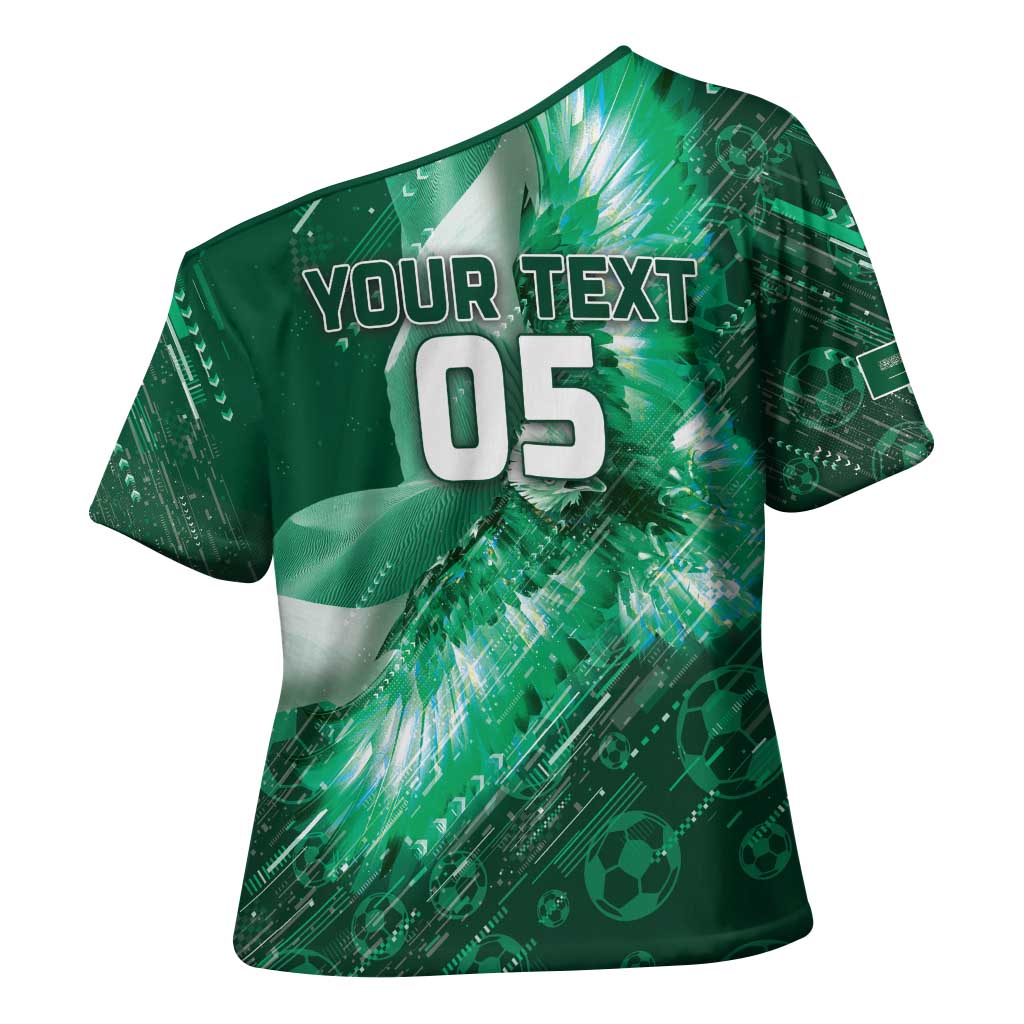 Custom Saudi Arabia Football Cross Shoulder Shirt Eagle With Desert Glitch Cyberpunk Art