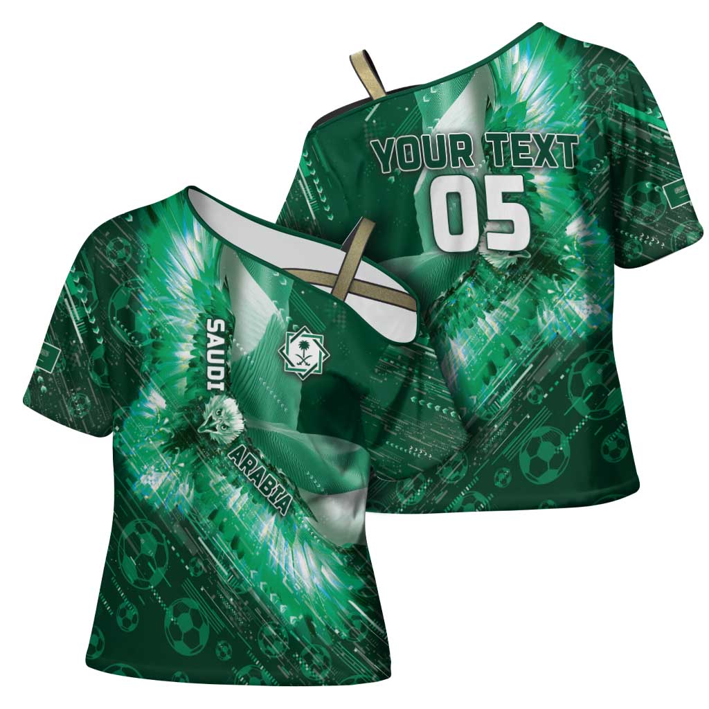 Custom Saudi Arabia Football Cross Shoulder Shirt Eagle With Desert Glitch Cyberpunk Art