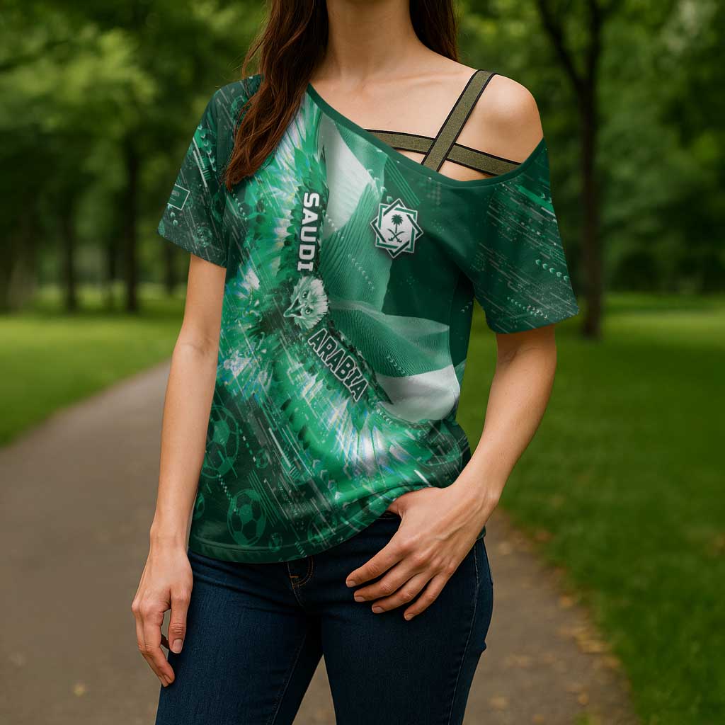Custom Saudi Arabia Football Cross Shoulder Shirt Eagle With Desert Glitch Cyberpunk Art
