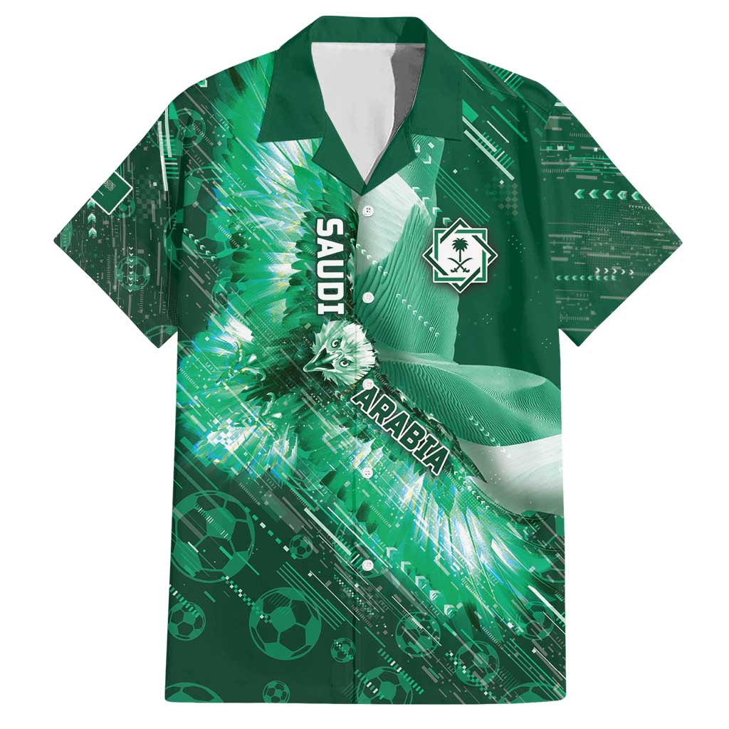 Custom Saudi Arabia Football Hawaiian Shirt Eagle With Desert Glitch Cyberpunk Art