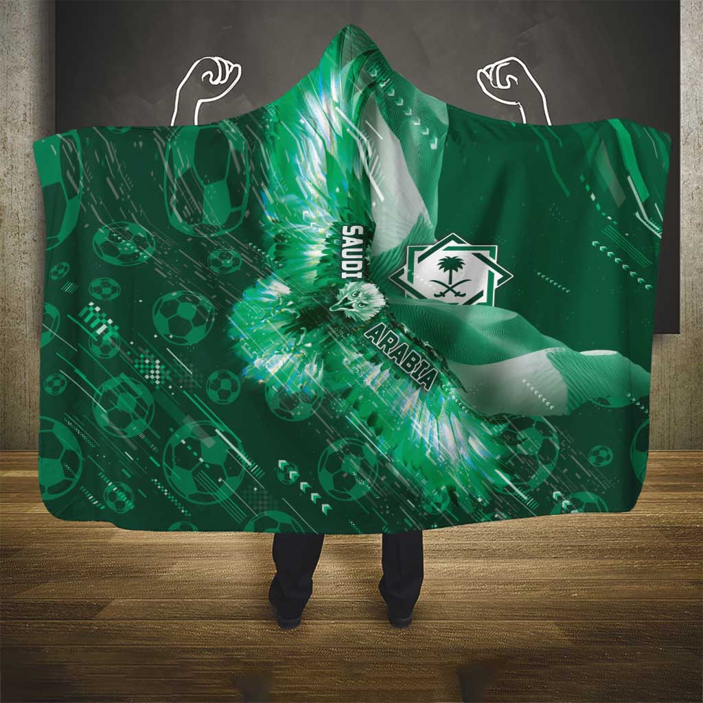 Saudi Arabia Football Hooded Blanket Eagle With Desert Glitch Cyberpunk Art