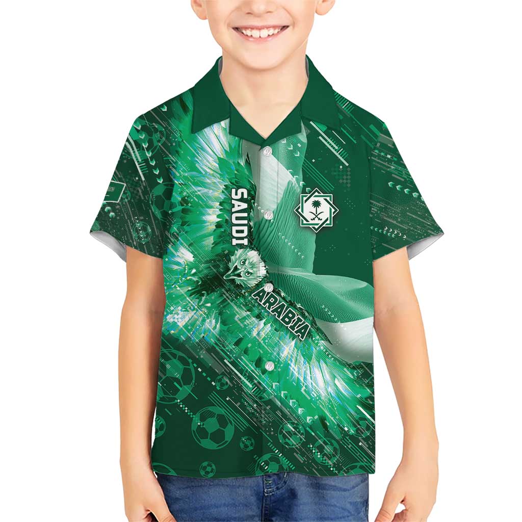 Custom Saudi Arabia Football Kid Hawaiian Shirt Eagle With Desert Glitch Cyberpunk Art